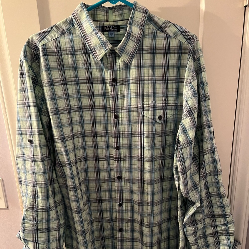 Green and blue plaid long sleeve with arm straps to roll up sleeves